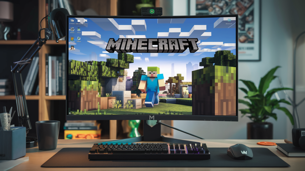 Komputer gamingowy do Minecrafta w 2025 roku z procesorem Ryzen 5 i kartą RTX 3060 na tle gry z shaderami.